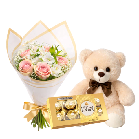 Buquê de Rosas na Cor Rosa Luxuoso + Pelúcia Urso M + Ferrero de 8 unidade