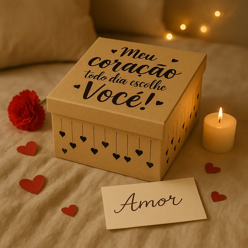 Caixa Organizadora em MDF Presente para Namorados Multiuso Decorada Chuva de Corações 20x20x8 cm Ideal para Guardar Mimos Surpresas Lembranças e Criar um Presente Romântico Impactante