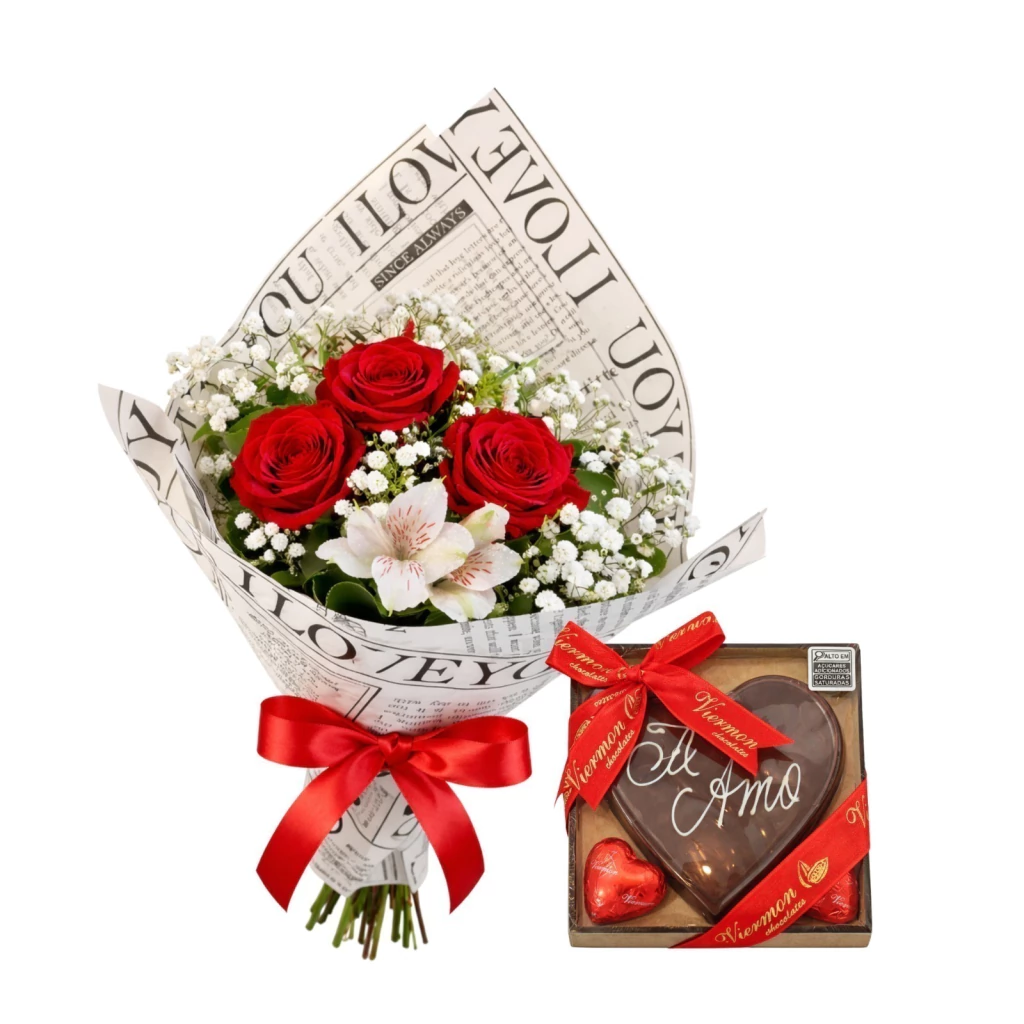 Buquê de 3 Rosas Vermelhas Importadas Completo + Card Mensagem de Chocolate Viermon 64g