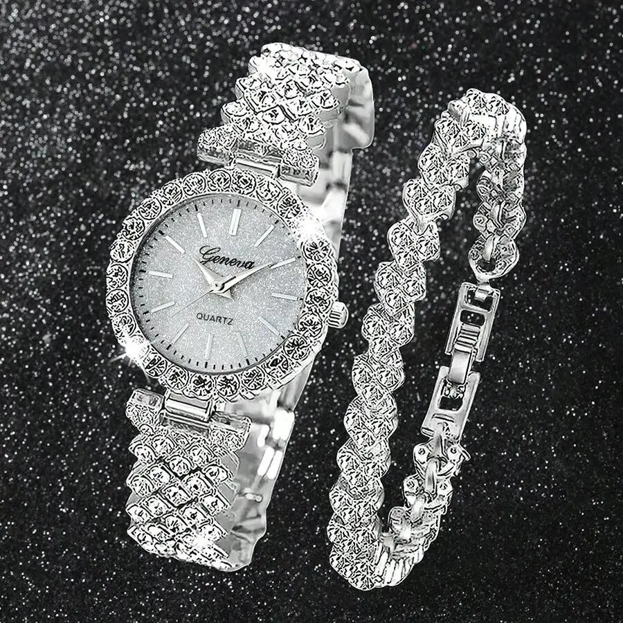 Kit Relógio Feminino Quartzo com Zircônia Dourado ou Prata + Pulseira Conjunto 2 Peças Luxuoso e Elegante para Uso Diário e Ocasiões Especiais