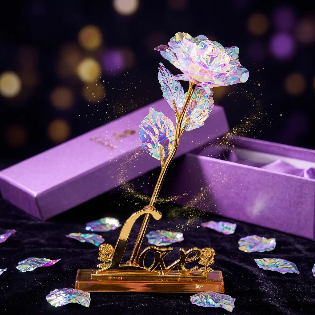 Rosa Eterna Brilhante 24k Com Suporte Folha Plástico + Sacola Luxo Presente Dia das Mães Namorados Folha de ouro 24K Presente Criativo