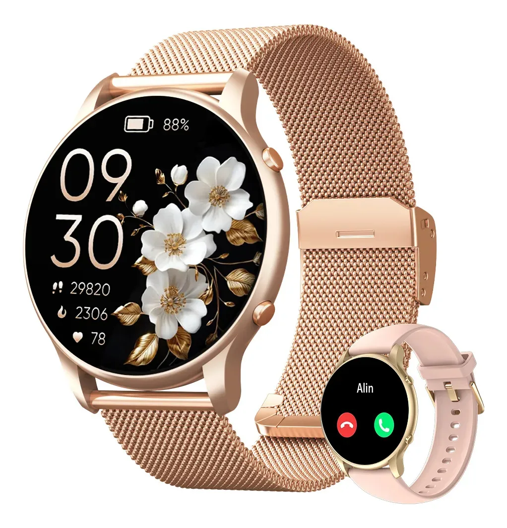 Smartwatch Relógio Inteligente Feminino Saúde Faz Chamada Notificação Monitoramento Aprimorado do Sono Bem-estar Emocional Compatível com iOS/Android Tela 1,32” Ip68 À Prova D'água Nud Nude Mesh