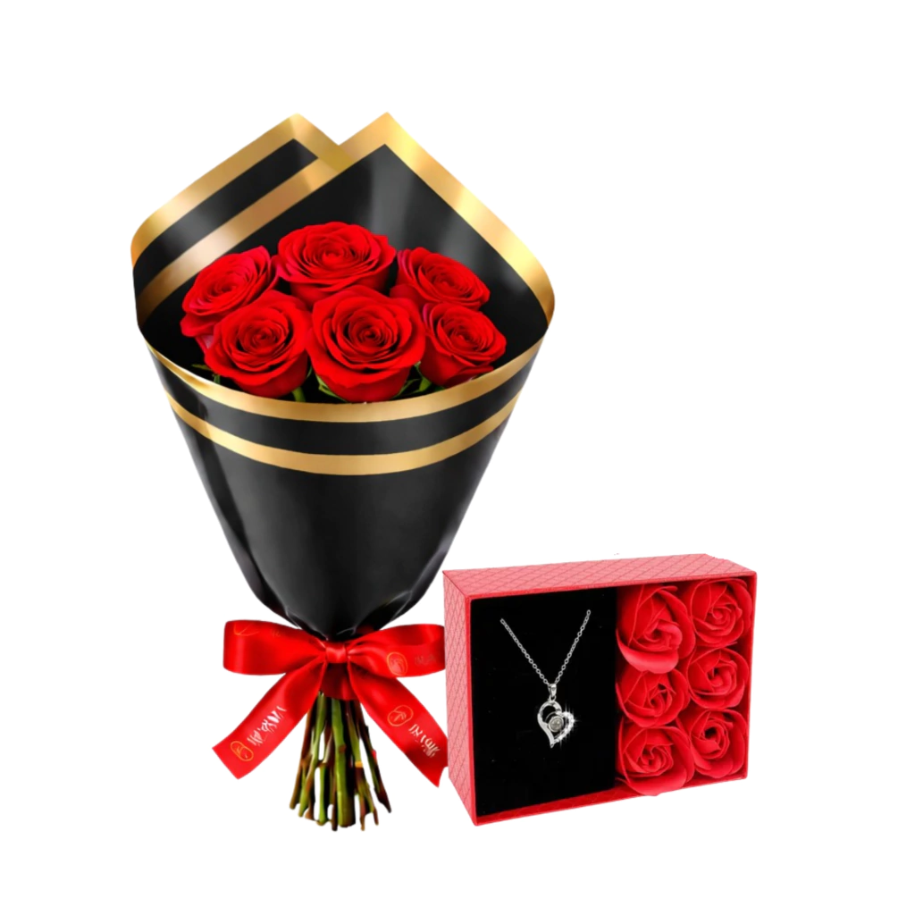 Buquê de 6 Rosas Vermelhas Importadas + Colar com Rosas